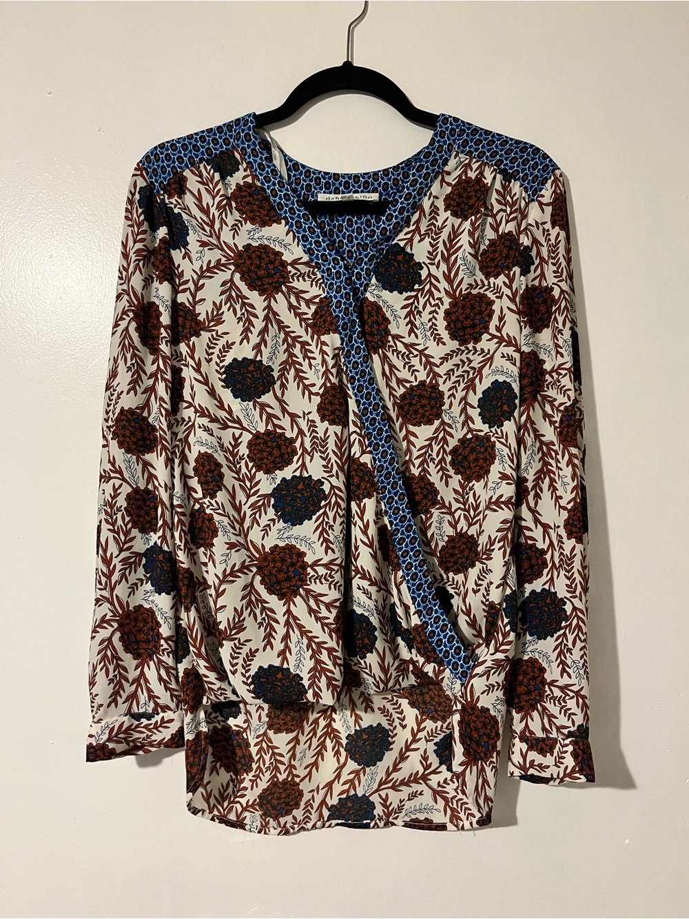 Daniel Rainn Cream Floral Wrap Top with Brown and Blue Accents